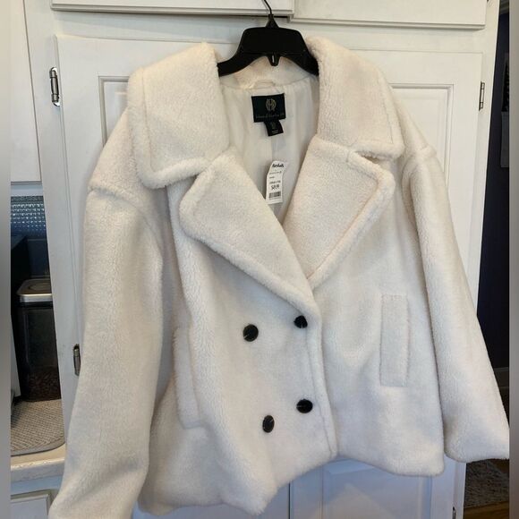 House of Harlow white ivory thick Faux Sherpa cropped double breasted Teddy coat - Picture 2 of 11